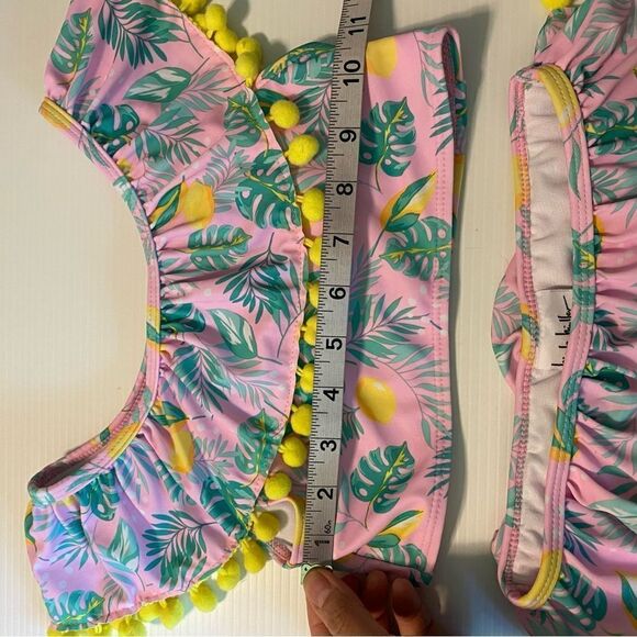 Nicole Miller 2 PC Tropical Pink Green Pom Pom Bikini Swimsuit UPF 50 Girl S 7/8 - Picture 3 of 10